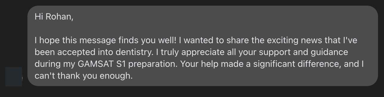 Student message screenshot saying they were accepted into dentistry and thanking Rohan for support with S1 preparation.